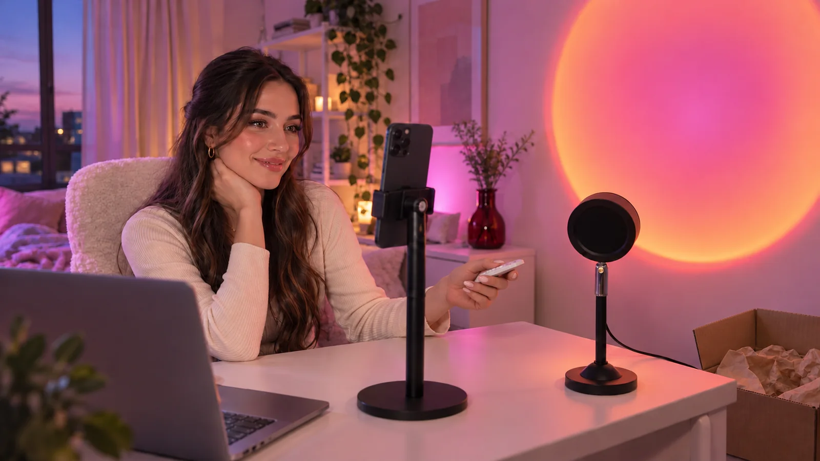 Illustrative adult creator demonstrating an RGB sunset projector in a pink-violet LIVE room. She holds its remote, faces a filming phone, and sits beside a laptop oriented toward her. The open product mailer is beside the desk.